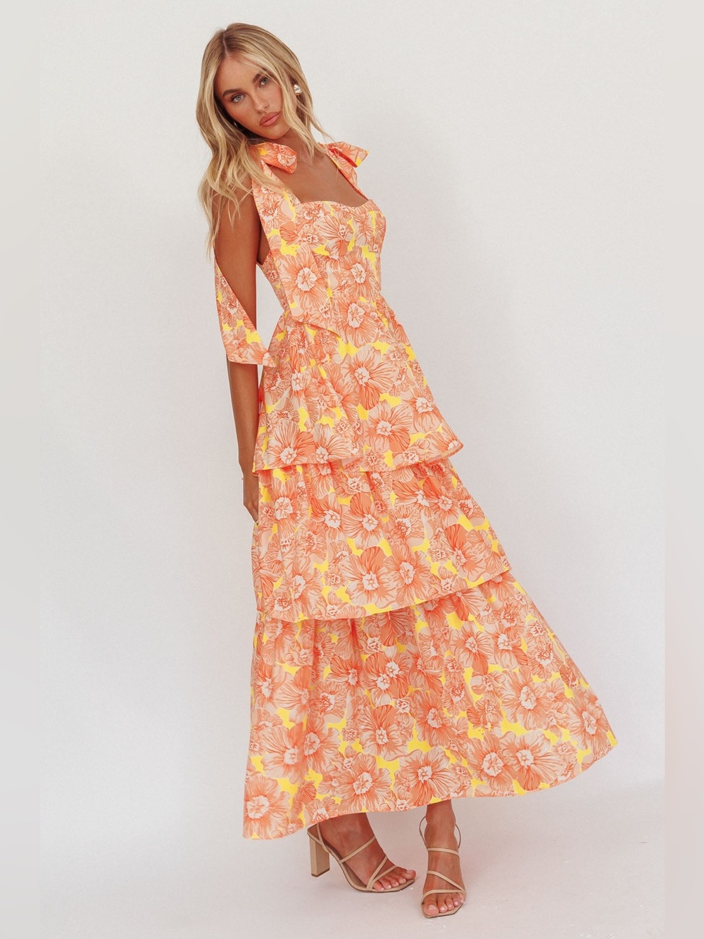 Selfie Leslie Arlowe Tied Shoulder Tiered Midi Dress Floral Orange Size M